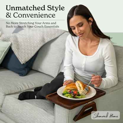 Bamboo Clip-On Couch Arm Table - Versatile Sofa Tray for TV Dinners, Remotes, Drinks, and Snacks - 13.75 x 9.5 Inches, Brown