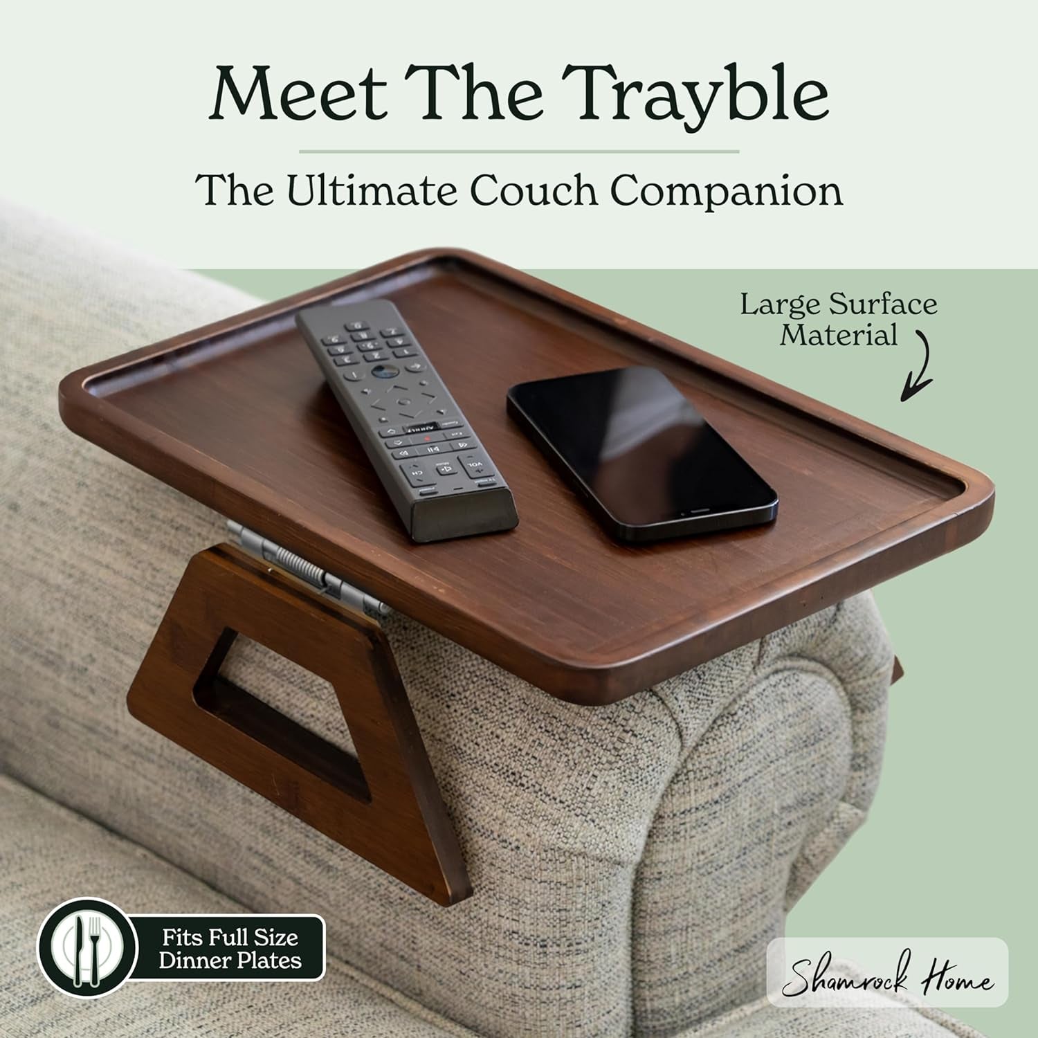 Bamboo Clip-On Couch Arm Table - Versatile Sofa Tray for TV Dinners, Remotes, Drinks, and Snacks - 13.75 x 9.5 Inches, Brown