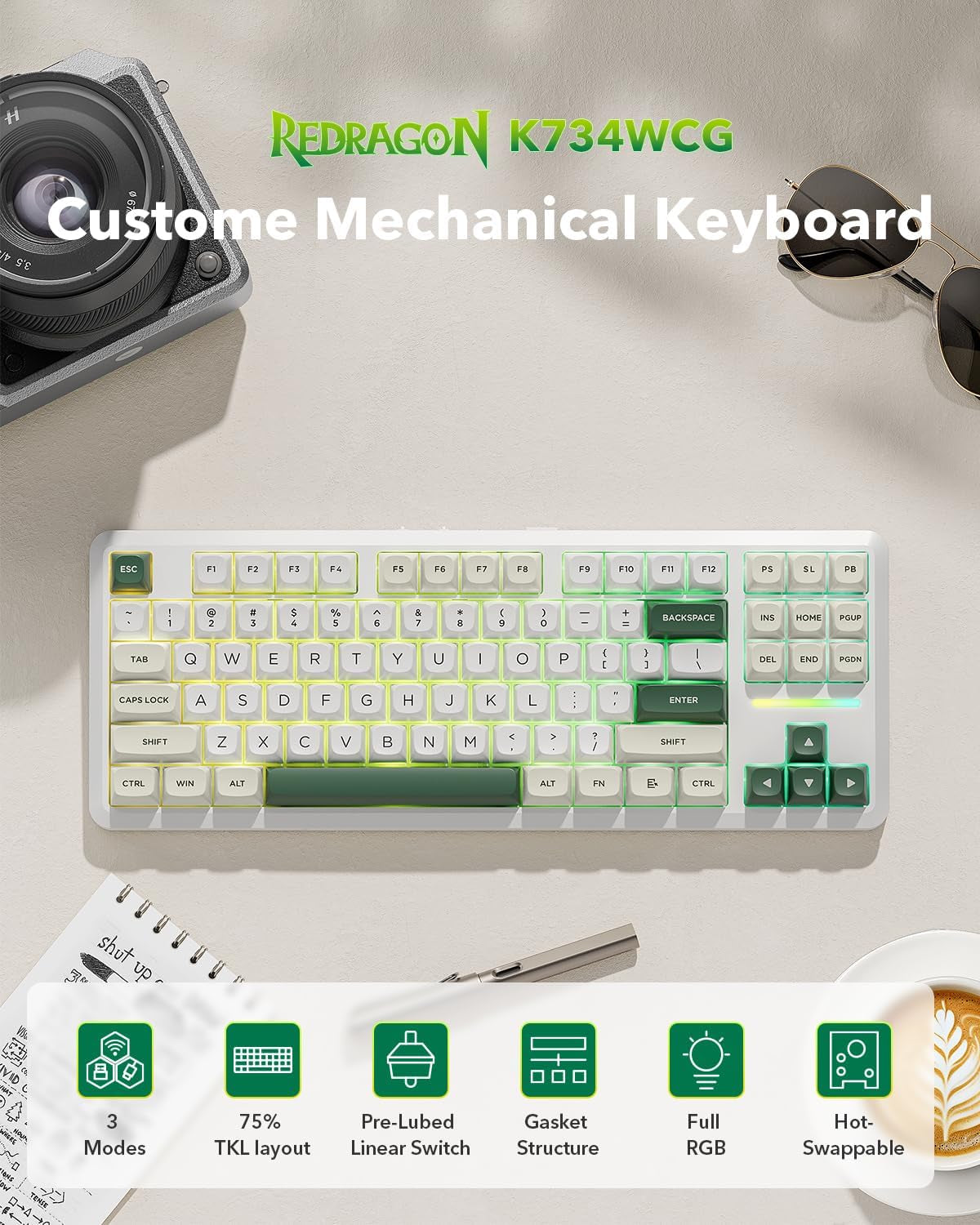 K734W Wireless Mechanical Keyboard - Tri-Mode BT5.0/2.4G/USB-C, 75% TKL Layout, 81 Keys, Custom Hot-Swappable Design, Pre-Lubed Linear Switches, RGB Gasket Construction, Compatible with PC and Mac
