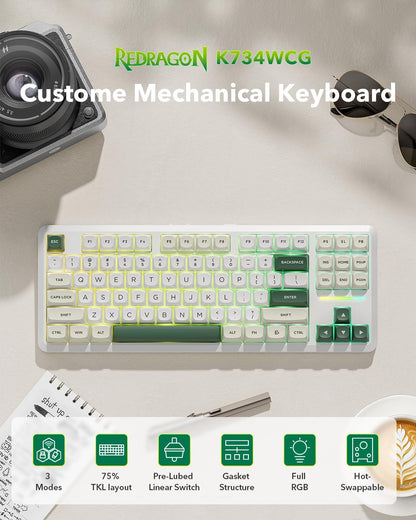 K734W Wireless Mechanical Keyboard - Tri-Mode BT5.0/2.4G/USB-C, 75% TKL Layout, 81 Keys, Custom Hot-Swappable Design, Pre-Lubed Linear Switches, RGB Gasket Construction, Compatible with PC and Mac