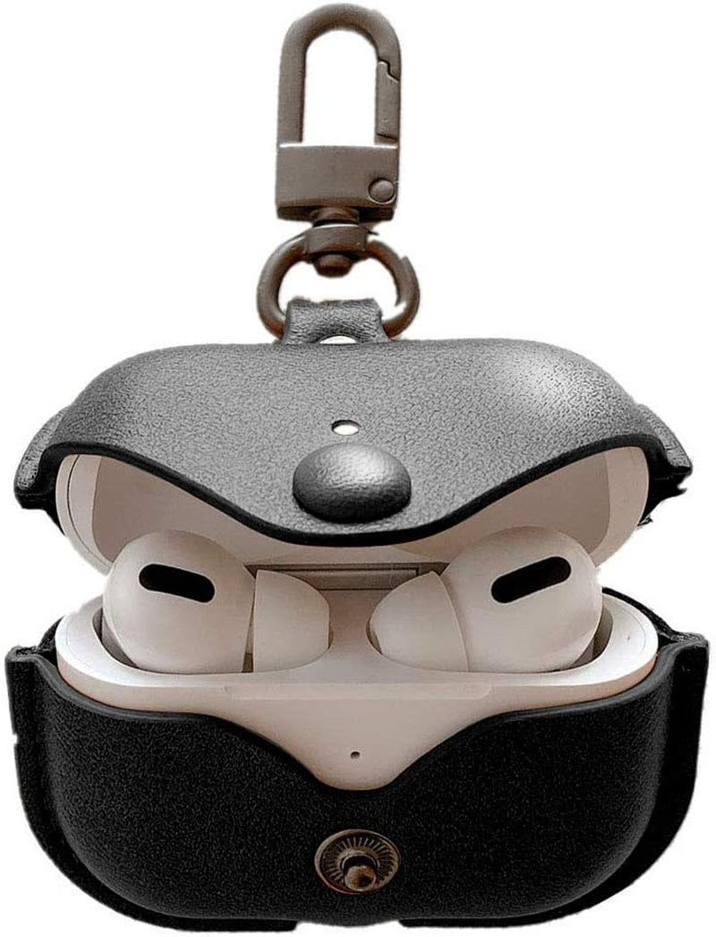 Genuine Leather Protective Case for AirPods Pro (1st/2nd Gen) - Black with Keychain and Snap Lock