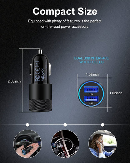 Dual Port USB Car Charger (2-Pack, 3.4A) - Fast Charging Adapter for iPhone 17E, 15, 14, 13, 12, 11 Pro Max, Galaxy S23, S22, S21, and More - 12V Compatible