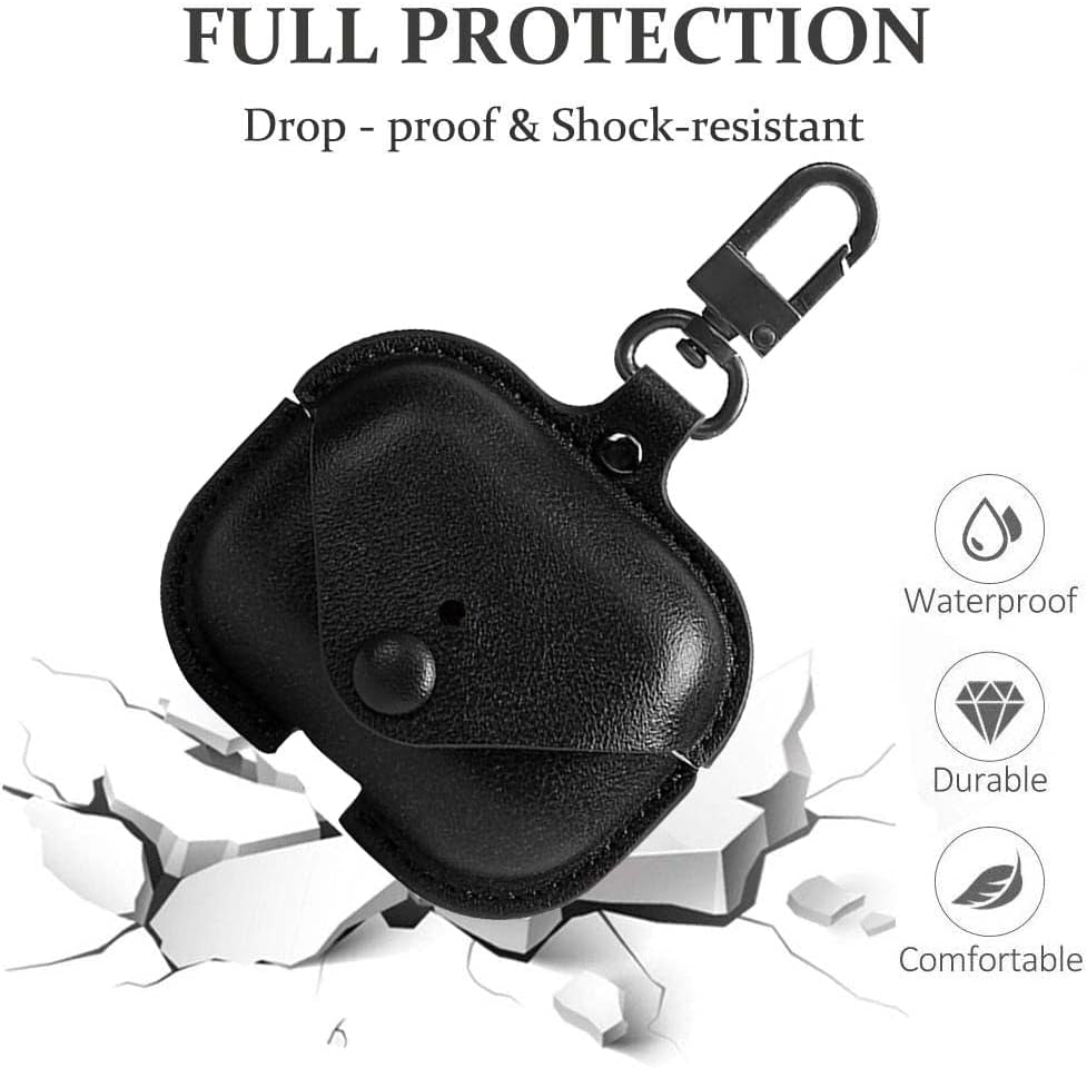 Genuine Leather Protective Case for AirPods Pro (1st/2nd Gen) - Black with Keychain and Snap Lock