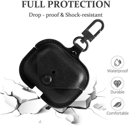 Genuine Leather Protective Case for AirPods Pro (1st/2nd Gen) - Black with Keychain and Snap Lock