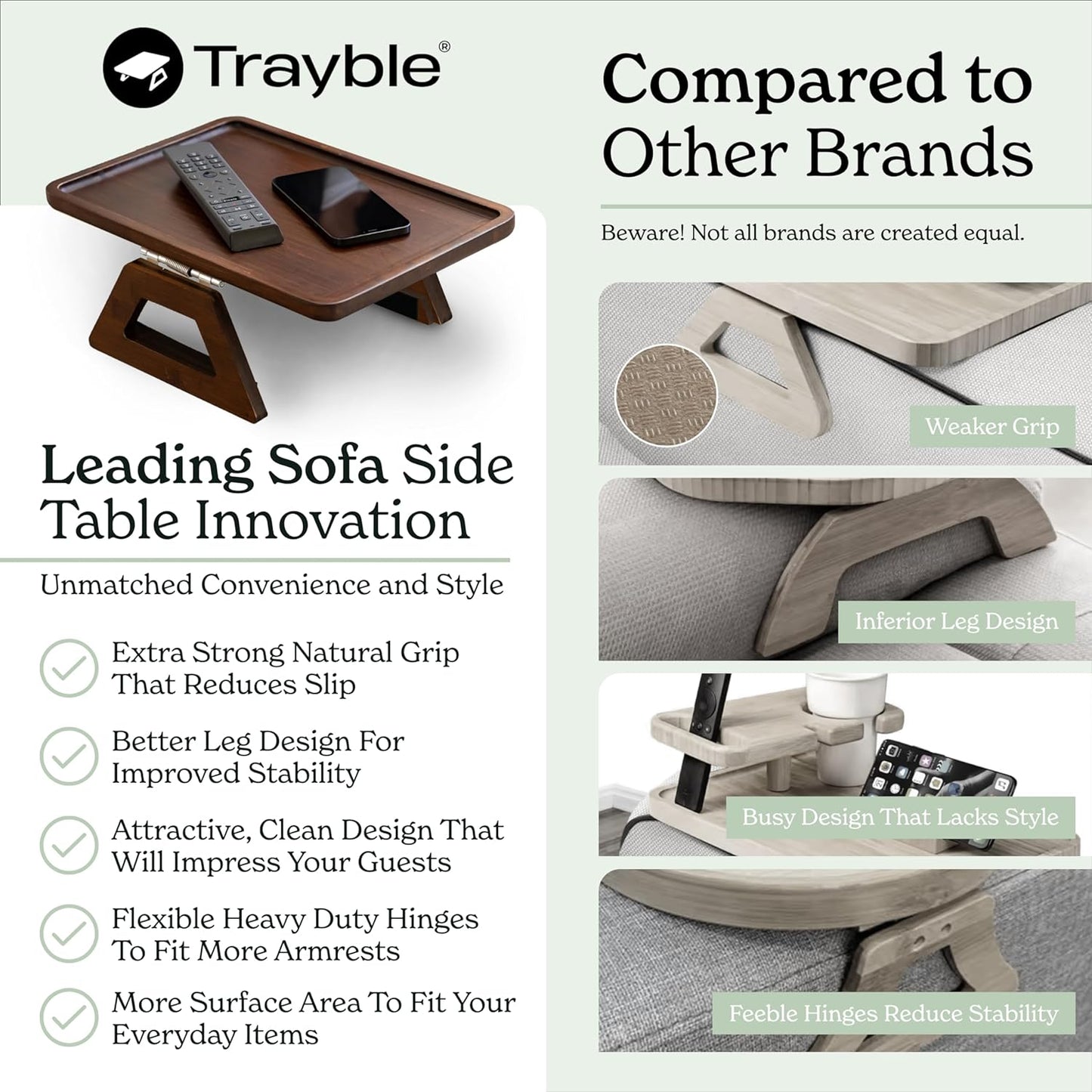 Bamboo Clip-On Couch Arm Table - Versatile Sofa Tray for TV Dinners, Remotes, Drinks, and Snacks - 13.75 x 9.5 Inches, Brown