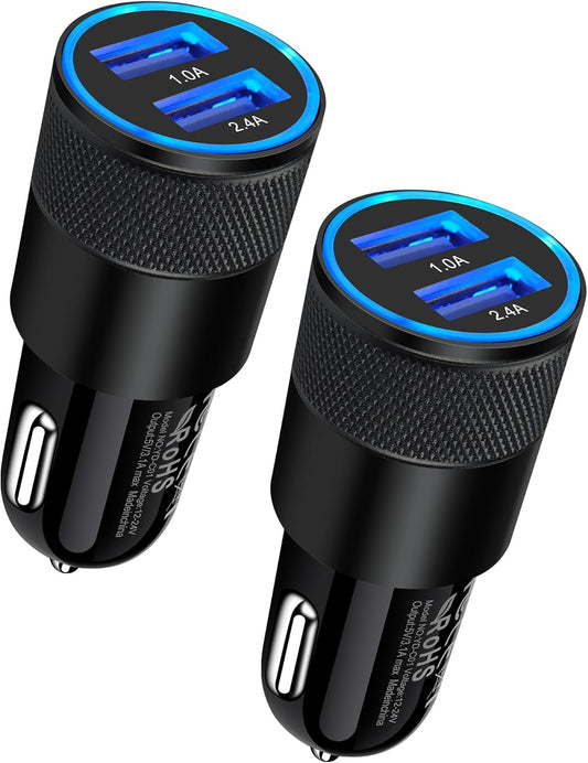 Dual Port USB Car Charger (2-Pack, 3.4A) - Fast Charging Adapter for iPhone 17E, 15, 14, 13, 12, 11 Pro Max, Galaxy S23, S22, S21, and More - 12V Compatible