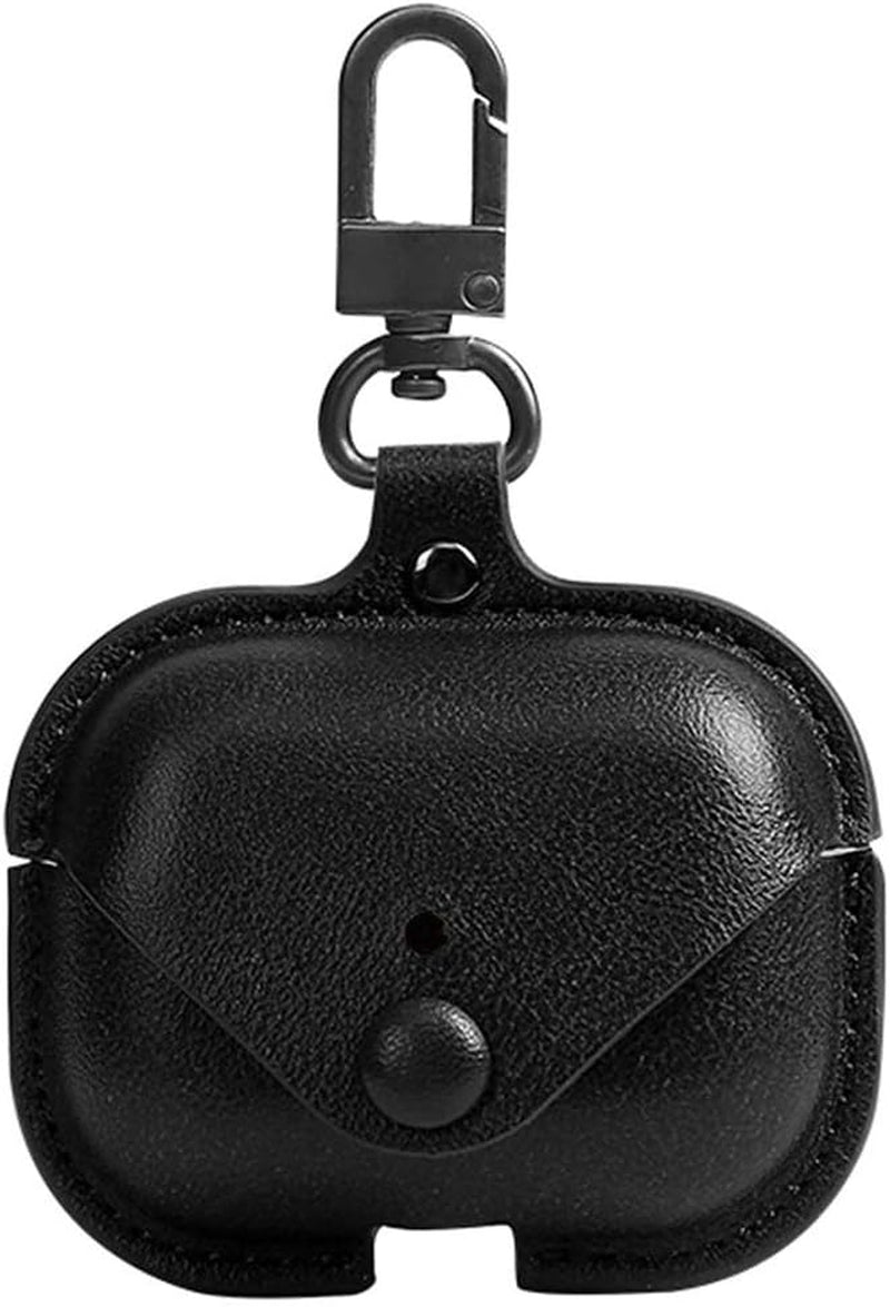 Genuine Leather Protective Case for AirPods Pro (1st/2nd Gen) - Black with Keychain and Snap Lock