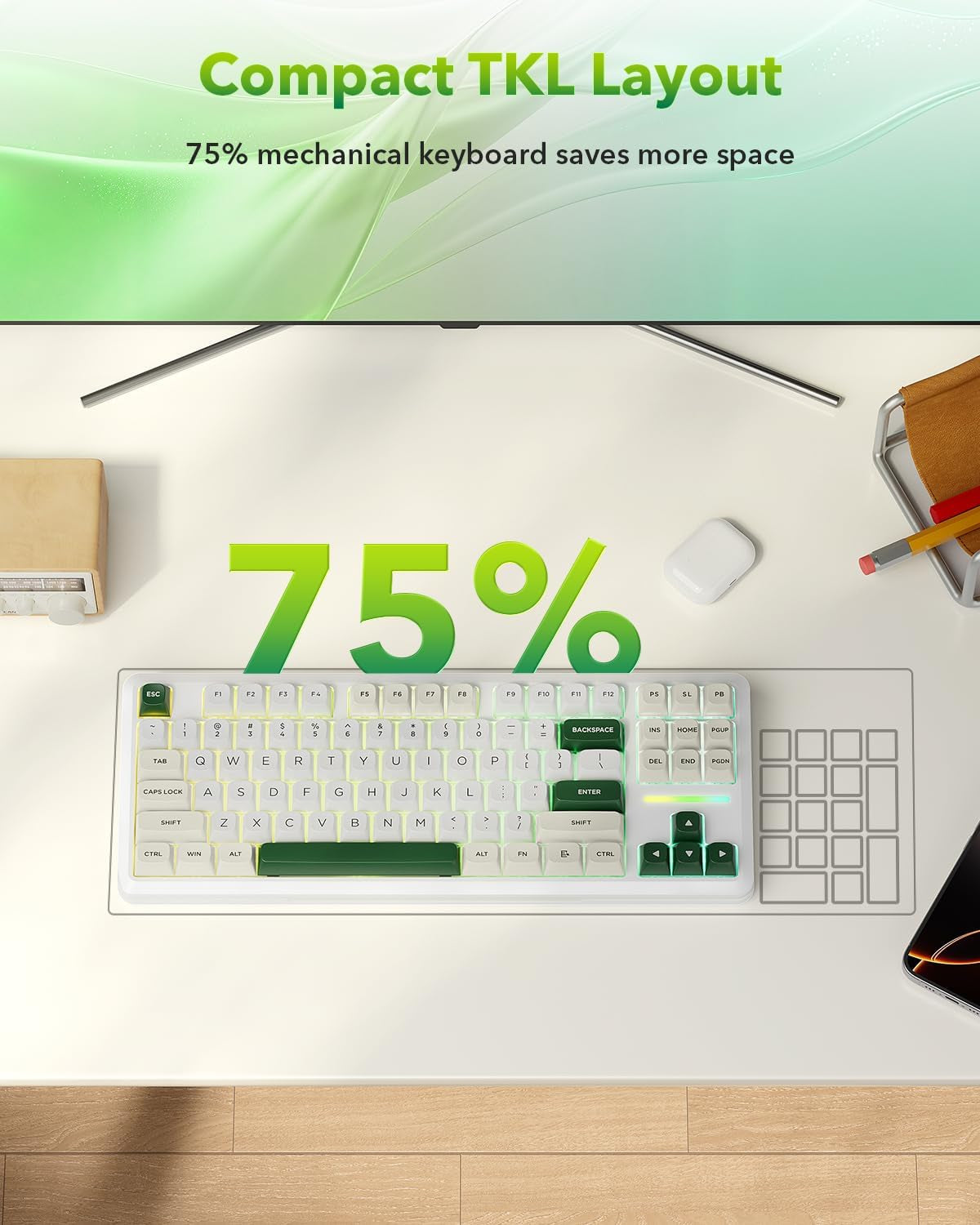 K734W Wireless Mechanical Keyboard - Tri-Mode BT5.0/2.4G/USB-C, 75% TKL Layout, 81 Keys, Custom Hot-Swappable Design, Pre-Lubed Linear Switches, RGB Gasket Construction, Compatible with PC and Mac