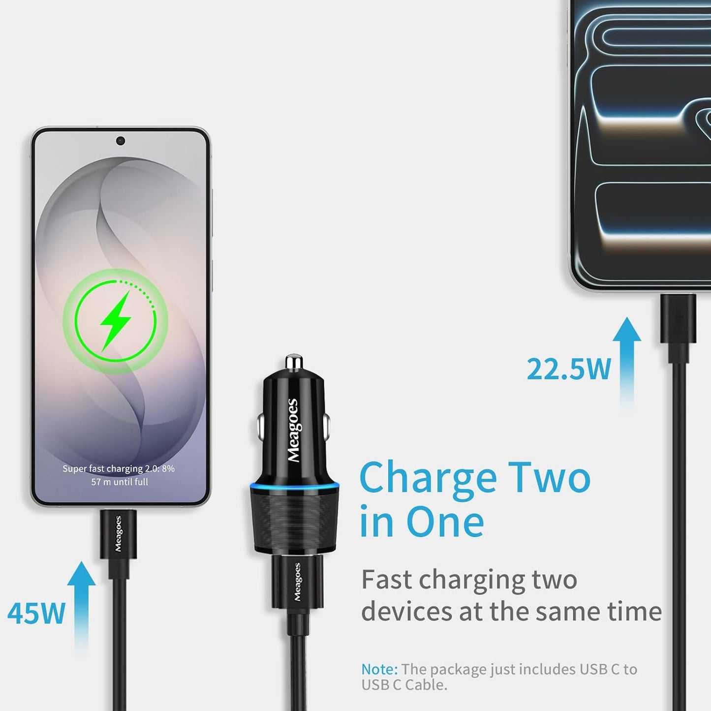 67.5W Car Charger USB C Super Fast Charging, 45W USBC & QC3.0 Port Plug for Iphone 17 Pro Max/Air/16/15/Ipad, Samsung S26/S25 Android Cell Phone, Dual 12V Cigarette Lighter Adapter+ 3.3Ft Type C Cable