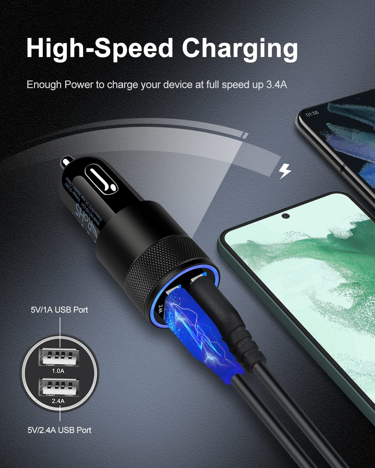 Dual Port USB Car Charger (2-Pack, 3.4A) - Fast Charging Adapter for iPhone 17E, 15, 14, 13, 12, 11 Pro Max, Galaxy S23, S22, S21, and More - 12V Compatible