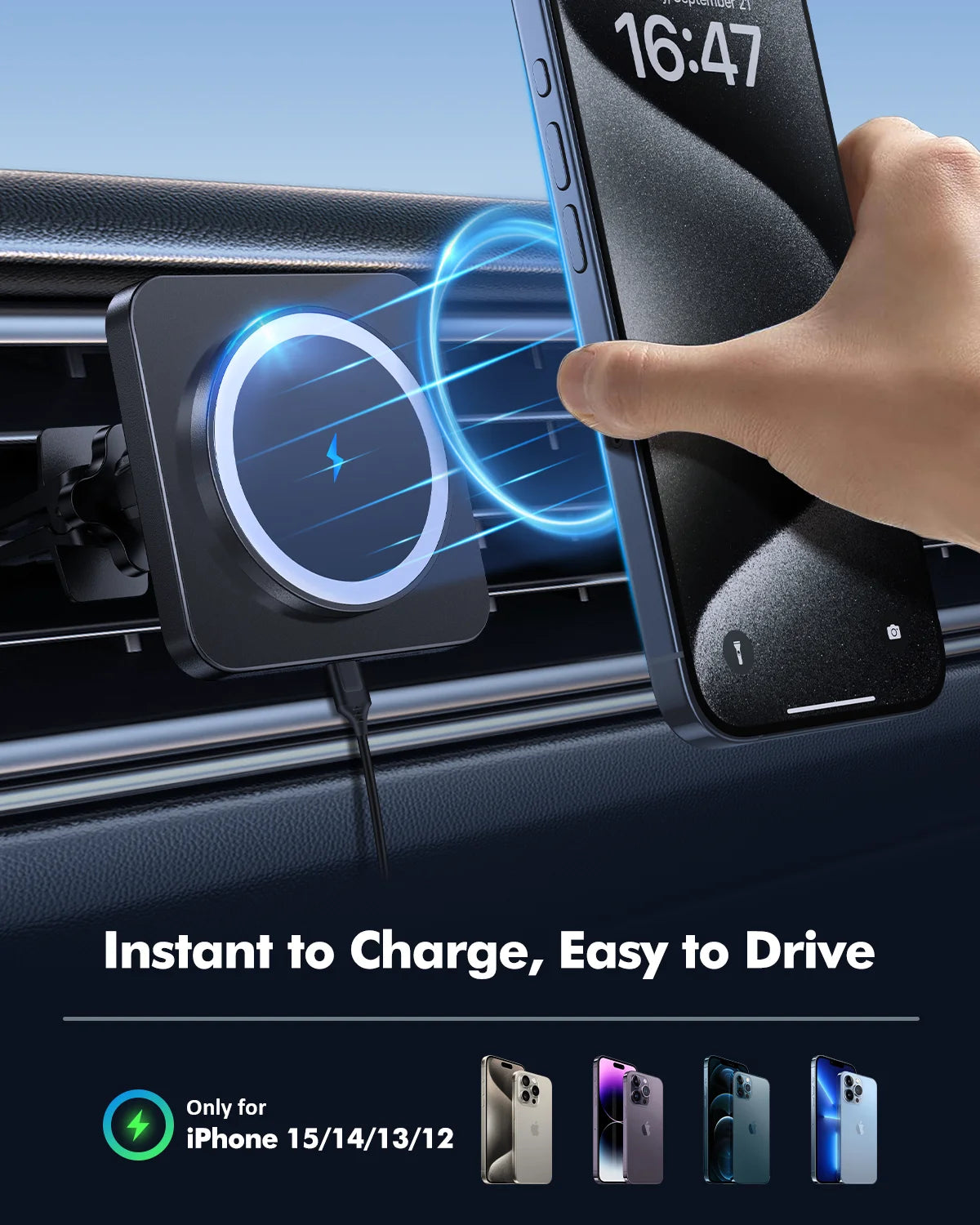 MagSafe Wireless Car Charger and Air Vent Mount - Fast Charging Holder for iPhone 17/16/15/14/13/12 - Black