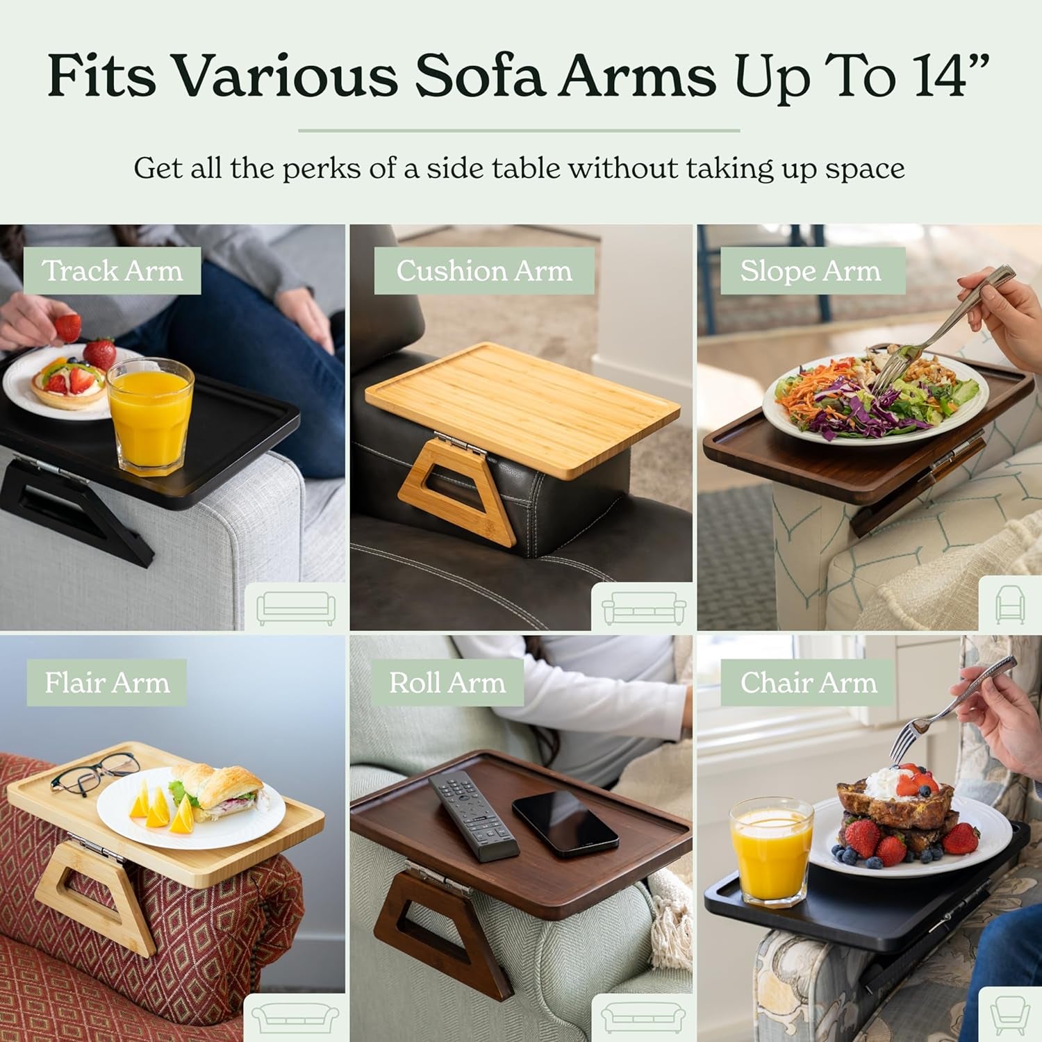 Bamboo Clip-On Couch Arm Table - Versatile Sofa Tray for TV Dinners, Remotes, Drinks, and Snacks - 13.75 x 9.5 Inches, Brown