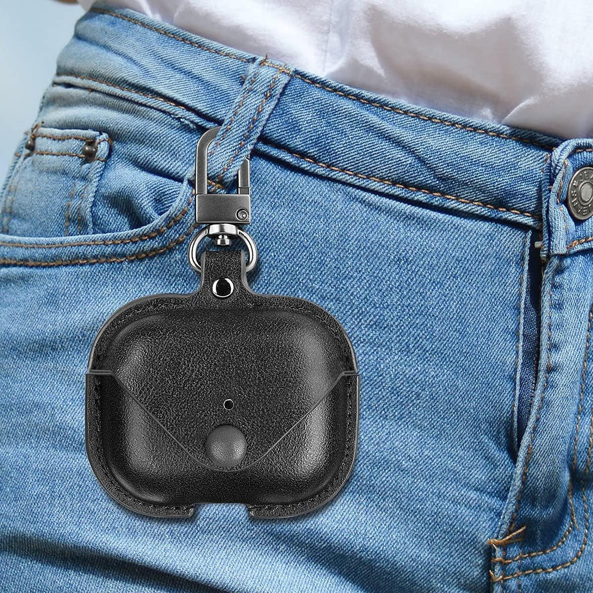 Genuine Leather Protective Case for AirPods Pro (1st/2nd Gen) - Black with Keychain and Snap Lock