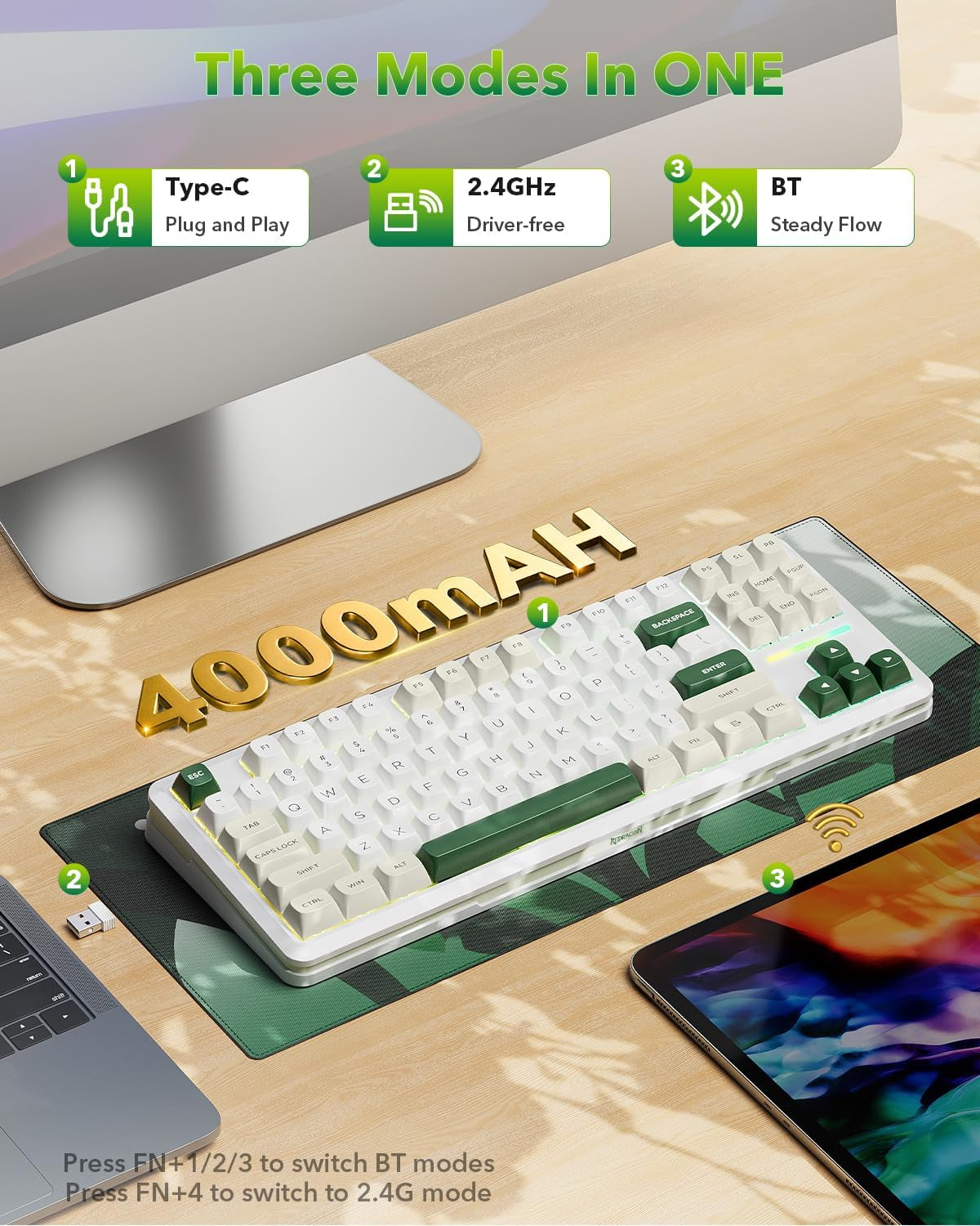 K734W Wireless Mechanical Keyboard - Tri-Mode BT5.0/2.4G/USB-C, 75% TKL Layout, 81 Keys, Custom Hot-Swappable Design, Pre-Lubed Linear Switches, RGB Gasket Construction, Compatible with PC and Mac