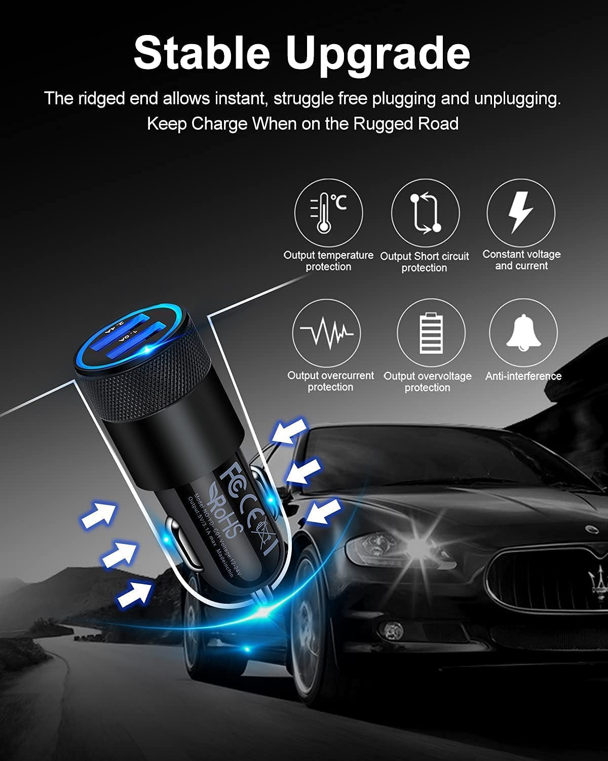 Dual Port USB Car Charger (2-Pack, 3.4A) - Fast Charging Adapter for iPhone 17E, 15, 14, 13, 12, 11 Pro Max, Galaxy S23, S22, S21, and More - 12V Compatible