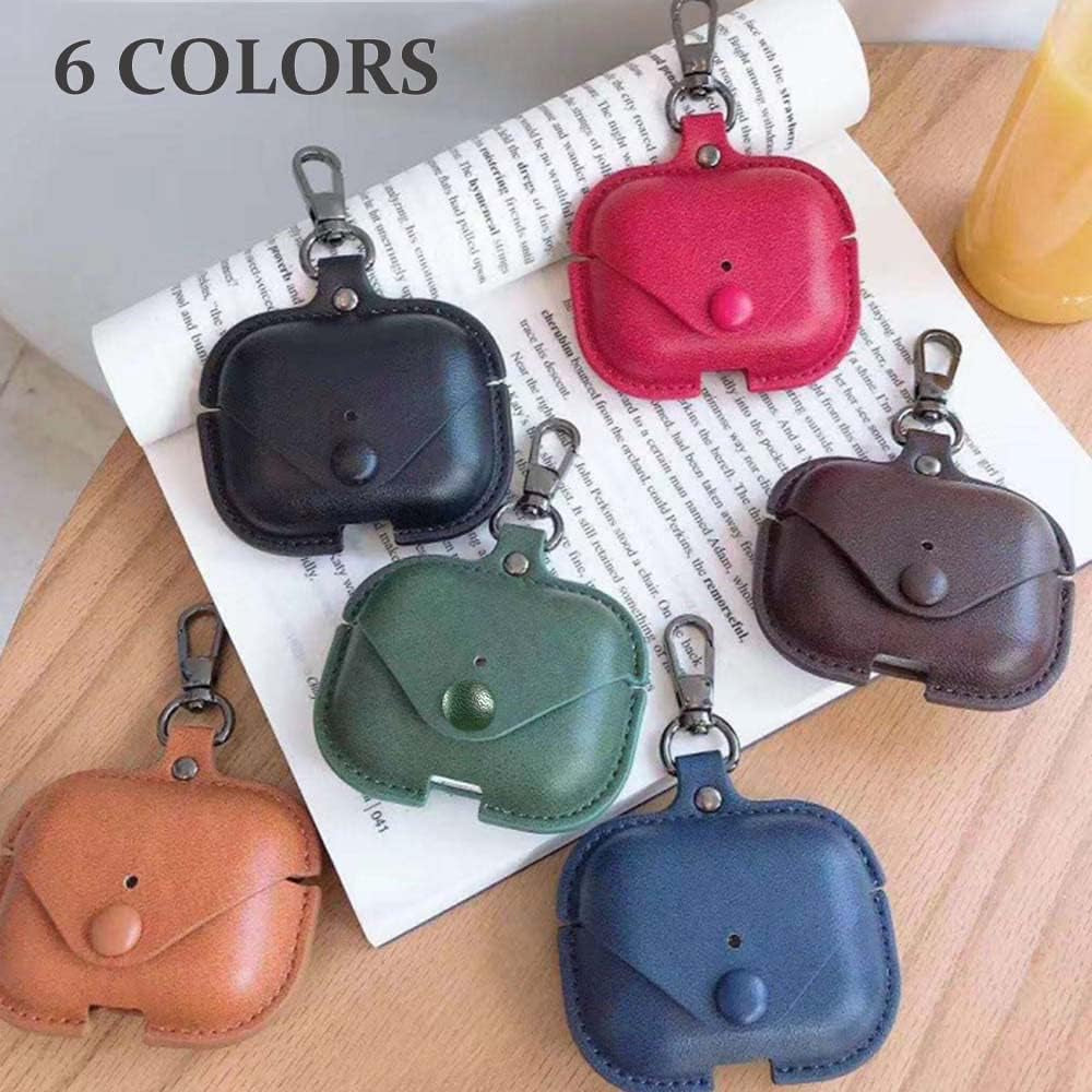 Genuine Leather Protective Case for AirPods Pro (1st/2nd Gen) - Black with Keychain and Snap Lock