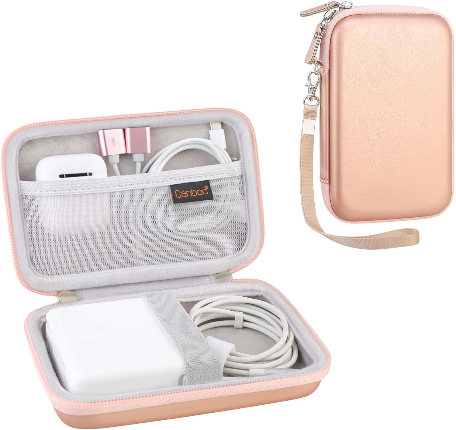 Professional Carrying Case for MacBook Air/Pro Charger, MagSafe/MagSafe 2 Power Adapter, iPhone 16/16 Pro MagSafe Charger, USB-C Hub, Multiport Adapter - Hard EVA Bag in Rose Gold