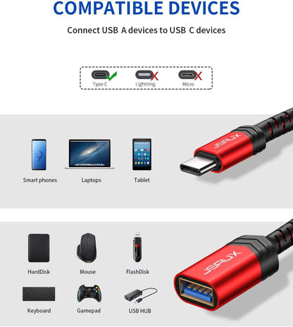 USB C to USB Adapter (2-Pack) - Type C 3.0 OTG Cable for MacBook, iPhone 16 Pro Max/16 Plus/16E/15, Samsung Galaxy S25/S24/S23 - Red