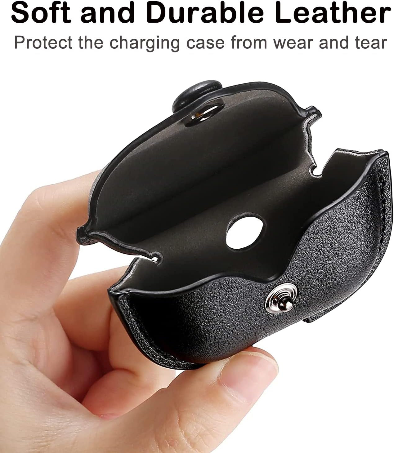 Genuine Leather Protective Case for AirPods Pro (1st/2nd Gen) - Black with Keychain and Snap Lock