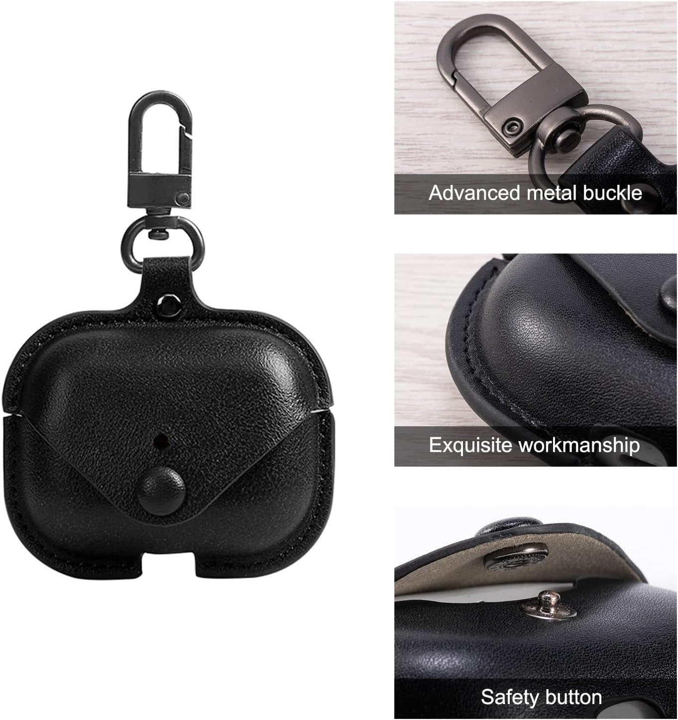 Genuine Leather Protective Case for AirPods Pro (1st/2nd Gen) - Black with Keychain and Snap Lock