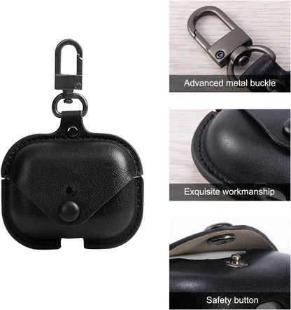 Genuine Leather Protective Case for AirPods Pro (1st/2nd Gen) - Black with Keychain and Snap Lock